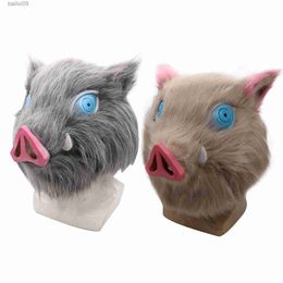 Party Masks Inosuke Hashibira Mask Helmet Demon Slayer Kimetsu no Yaiba Cosplay Hood Hair Pig Mask Headwear Halloween Carnival Costume Prop T230905