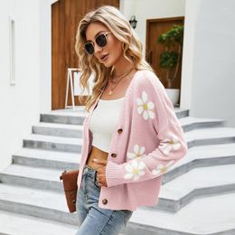 Women's Knits Cute Women Pink Sweater Cardigan Daisy Flower Knitted Coat Autumn Winter Jumper Korean Fashion Sueter Mujer Invierno 2023