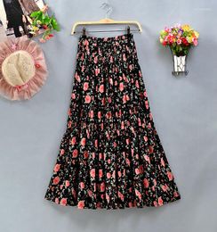 Ethnic Clothing Muslim Women Summer Elegant Floral Printed Black Midi Long Chiffon Skirts Ladies Spring Streetwear High Waist Skirt