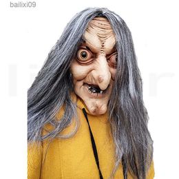 Party Masks Scary Old Witch Mask Latex with Hair Halloween Fancy Dress Grimace Party Costume Cosplay Masks Props Adult One size T230907