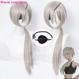 Cosplay Wigs Anime Chainsaw Man Quanxi Cosplay Silver Long Wig Eyes Patch Halloween Party Role Play Heat-resistant Fibre Hair Free Wig Cap 230904