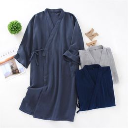 Men's Kimono Nightgown Cotton Crepe Mens Robe Loose Bathrobe Male Blue Grey Cardigan Home Wear Clothes Sleepwear Men Robe222z