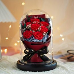 Decorative Objects Figurines Glass Cover Soap Flower Gift 520 Mother's Day Couple Romantic Atmosphere Gift Box Small Fragrant Wind Artificial Flowers 230904