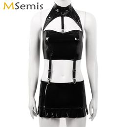 Women's Panties Women Erotic Latex Mini Skirt With Halter Cutout Crop Top Clubwear Rave Patent Leather Outfit Sexy Wet Look B2399