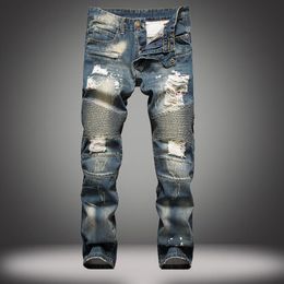 Men Fashion Designer Ripped Biker Jeans Slim Fit Denim Pants Distressed Joggers Washed Pleated Blue Jeans217y