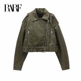 Women's Leather Faux Leather RARF style Women's washed leather jacket with belt short coat with downgraded zipper and vintage lapel jacket 230904