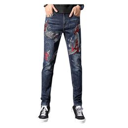 Men's Chinese dragon embroidery jeans Fashion embroidered slim straight stretch denim pants Trousers316l