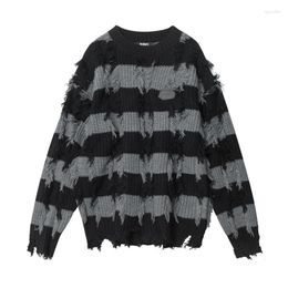 Men's Sweaters Tassel Ripped Hole Striped Sweater Men And Women Loose Knitted Jumper Streetwear Hip Hop Pullover Knitwear Coat