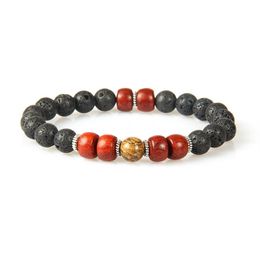 New Designs Wood Jewellery Whole 10pcs lot 8mm Lava Rock Stone with Natural Red Wood Beaded Bracelet for men1997