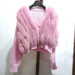 Womens Fur Faux Women Spring Short Knitted Cardigan Coat With Real Loose Fashion Natural Jacket Female Sweaters 230904