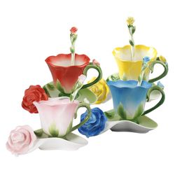 3D Rose Shape Flower Enamel Ceramic Coffee Tea and Saucer Spoon High-grade Porcelain Cup Creative Valentine Gift Design237u