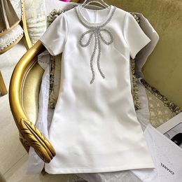 2023 Summer White Solid Color Dress Short Sleeve Round Neck RhinestoneKnee-Length Casual Dresses S3S01M258