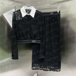 Black Lace Shirts Dress Women Fashion Pcs Sets Mesh Breathable T Shirt Tees Letter Webbing Skirts Suits For Lady