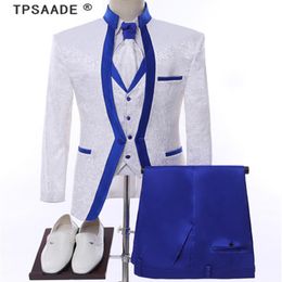 White Royal Blue Rim Stage Clothing For Men Suit Set Mens Wedding Suits Costume Groom Tuxedo Formal Jacket pants vest tie308g