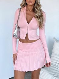 Basic Casual Dresses Mozision Autumn Sweater Set Women Zipper Long Sleeve Cropped Tops And Pleated Mini Skirt Womens Knitwear Two Piece 230904