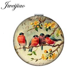 Compact Mirrors JWEIJIAO Art Picture Birds On Branch Round Makeup Mirror PU Leather Mini Folding Compact 1X2X Magnifying Pocket Mirror 230904