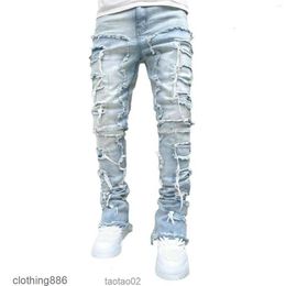 Jeans da uomo vestibilità regolare toppe impilate pantaloni di jeans dritti distrutti effetto streetwear abbigliamento casual Jeanktg3py8r