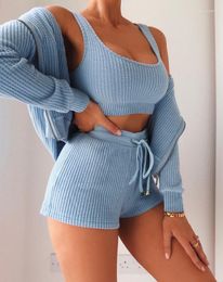 Women's Tracksuits Woman Casual 3Pcs U-Neck Tank Top & Drawstring Shorts Set With Cardigan 2023 Autumn Spring Fashion Female Sporty Style