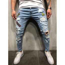 Men Stretchy Jeans Ripped Skinny Biker Jeans Destroyed Taped Slim Denim Pants CA1801