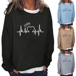 Women's Hoodies EKG Print Loose Crew Neck Long Sleeve Rolled Hem Casual Sweatshirt Top