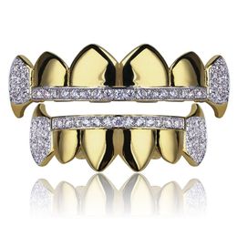 Grillz Dental Grills 18K Real Gold Teeth Caps Iced Out Top Bottom Vampire Fangs Grill Set Wholesale Drop Delivery Jewelry Body Otsb2