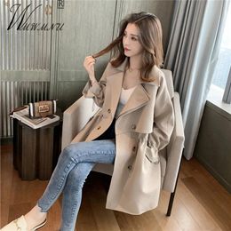 Womens Trench Coats Korean Slim Waist Drawstring Coat Women Spring Thin Double Breasted Gabardina Design Suit Collar Beige Windbreak 230904