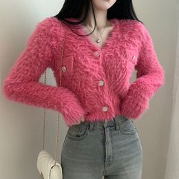 Womens Sweaters Women Chic Fluffy Vneck Long Sleeved Knitted Cardigan Slim Pink Cropped Crop Top Y2k 230904