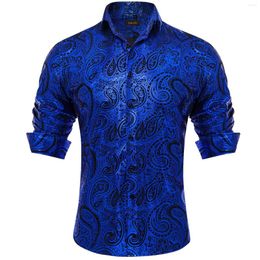Men's Dress Shirts Luxury Royal Blue Paisley Silk Wedding Party Performence Shirt For Men Social Clothing Camisas De Hombre