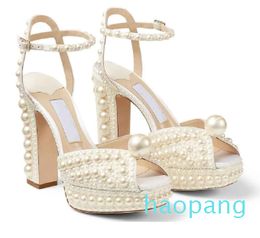 Summer Dress Wedding Shoes PearlEmbellished Satin Platform Sandals Elegant Women White Bride Pearls High Heels Ladies