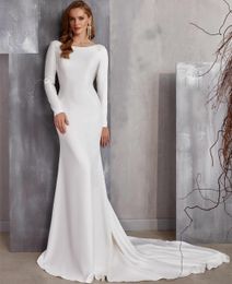 Elegant Long Sleeve Crepe Boat Neck Wedding Dresses Lace Mermaid Ivory Illusion Back Vestidos de Novia Abendkleider Bridal Gowns for Women