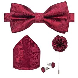 Bolo Ties Wedding Bow Tie for Men Classic Red Pre-tied Bowtie Cufflinks Corsage Set for Party Silk Butterfly Knot Gift Man Accessories 230904