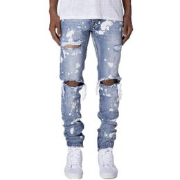 Men Paint Ripped Jeans Hollow Out Middle Waist Skinny Trousers with Pockets Casual Style Bottoms2632