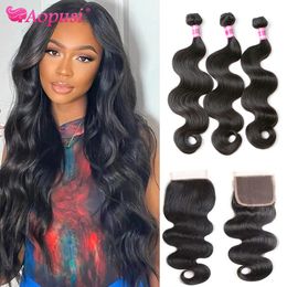 Synthetic Wigs Aopaket 30 Inci Bundel Gelombang Tubuh dengan Penutup Rambut Manusia Brasil Menenun 3 4 Penutupan Renda Ekstensi Jalinan Remy 230905