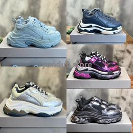 Triple S Sneaker in blue denim designer casual shoes platform sneakers clear sole black white grey red pink blue Royal Neon Green mens trainers