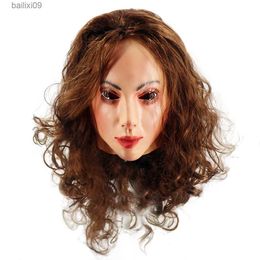 Party Masks Realistic Female Latex Mask Woman Face Halloween Latex Mask with Wig Lady Crossdressing Sissy Transgender Costume T230905