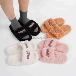 Slippers 2021 European And American New Ladies Slippers Wear Warm Cotton Slippers Women Lamb Hair With Alphabet Embroidery Women Shoes X0905