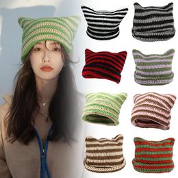 Beanie/Skull Caps Trendy Little Devil Striped Knitted Cap For Womens Girls Autumn Winter Cute Devil Horn Cat Ear Slouchy Crochet Beanie Hat 230905