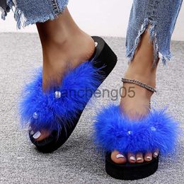 Slippers Female Shoes Low Slippers Flat Rubber Flip Flops Platform Slides Fashion On A Wedge 2023 Haiian Luxury Summer Fur Fabric Rome X0905