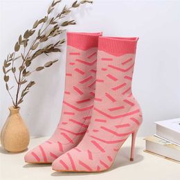 Women Boots Fashionable Pointed Colored Thin Heel High Elastic Knitted Versatile Sleeve Slim Women's Boot 230830