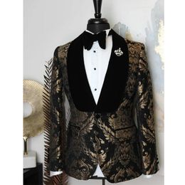 Mens Suits Blazers Floral Prom Men for Wedding 2 piece Custom Groom Tuxedos Man Fashion Clothes Set Black and Gold Blazer with Pants 230904