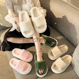 Slippers 2022 New Design Women Winter House Furry Slippers Women Cross Fluffy Fur Home Slides Flat Indoor Floor Shoes Ladies Flip Flops X0905