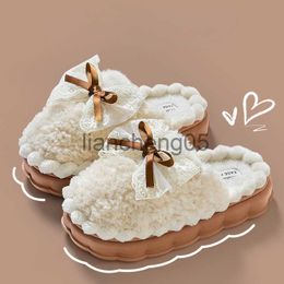 Slippers 2024 Winter Bowtie Slippers for Women Cartoon Warm Non Slip Indoor Household Thick Sole Flat Heel Couple Cotton Shoes X0905