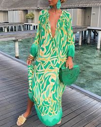 Basic Casual Dresses Women Vintage Maxi Dresses Summer Sexy Deep V-Neck Long Sleeve Boho Print Long Dresses Female Beach Cover Up Elegant Robe 230904