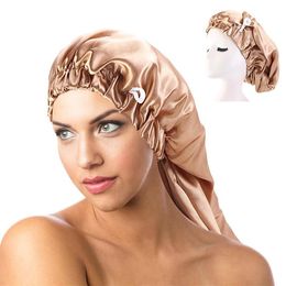 New Long Satin Bonnet Sleep Cap with button High Elastic Hair Band Night Cap Hair Care Bonnet Nightcap for Women Men Chemo220z