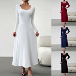 Basic Casual Dresses Long Sleeve for Women Gentle Elastic Square Neck Maxi Dress Solid Colour Elegant Female Holiday Beachwear Vestido 230905