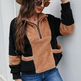 Women's Hoodies 2023 Fleece Teddy Coat Female Zipper V-neck Long Sleeve Patchwork Warm Sweatshirt Casual Loose Pocket Pullover