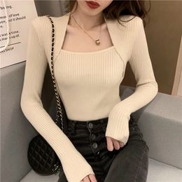 Womens Sweaters Shirts for Women Sueter Mujer Jersey Jumper Sexy Elegant Black Knitted Sweater Pullover Top Square Collar Pull Femme 230904