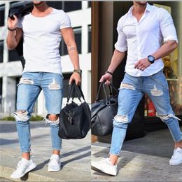 Men's Jeans Mens Blue Denim Ripped Slim Fit Tight Light Colour Hole Male Skinny Pencil Pants Casual Trousers With Zippers2936