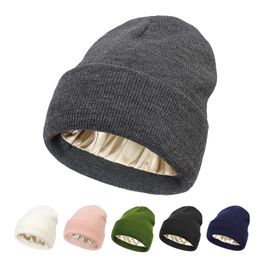 Winter Women's Knitted Beanie With Satin Lined Fall Hair Cap Women's Protective Hair Warm Knit Wool Hat 11 Colors Wholesale