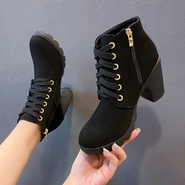 Boots Round Toe Lace Up High Heel Martin Womens Thick Side Zipper Short Sleeve Leather 230830